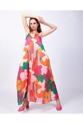 Mimoza Çiçekli Uzun Hasır Askılı Elbise SF001