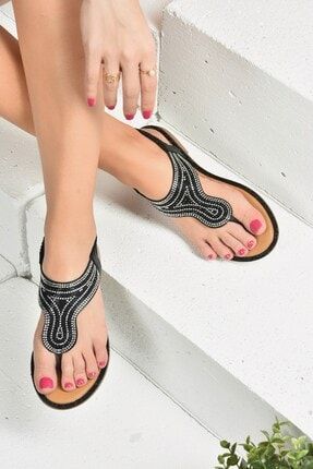 Siyah Parmak Arası Taşlı Kadın Sandalet K820922214