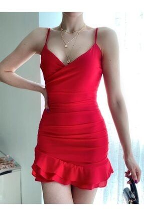 Kırmızı Askılı Eteği Fırfırlı Elbise FRS-210
