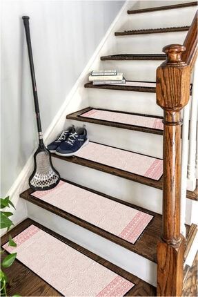 Pembe Kenarlı Modern Desen Merdiven Basamak Halısı (SİYAH OVERLOK) MH-193