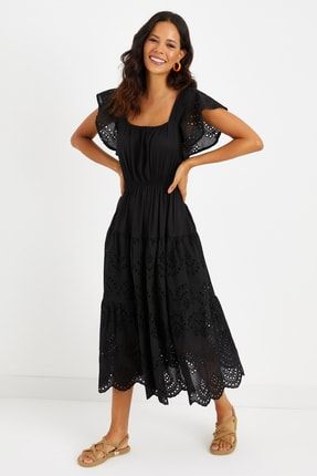 Kadın Siyah Fistolu Astarlı Örme Maxi Elbise BK225175