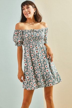 Kadın Gipeli Ip Bağlamalı Küçük Çiçek Desenli Elbise 10091046