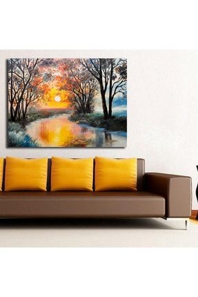 Dekoratif Kanvas Tablo - Yağlı Boya - Nehir Güneş Ağaçlar R52109