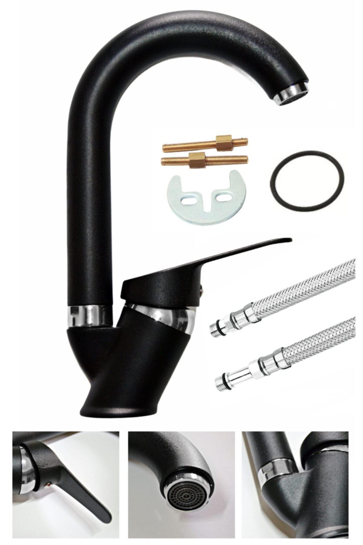 ARMİLLA ARMATÜR Sıcak Soğuk Çift Su Girişli Siyah Krom Baston Borulu Banyo Lavabo Musluğu Çeşmesi Bataryası