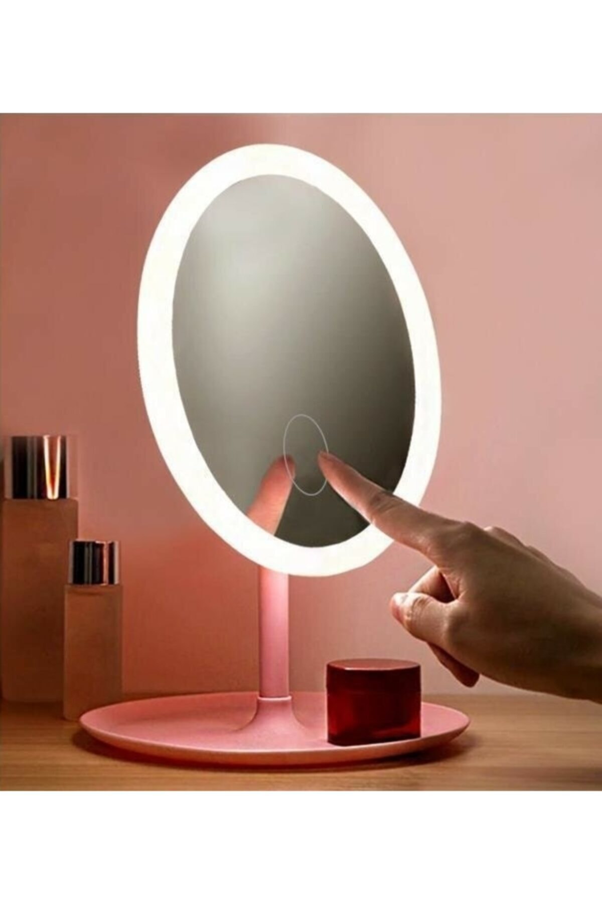gaman 3 Renk Ledli Taşınabilir Masaüstü Şarjlı Işıklı Makyaj Aynası 90 Derece Açılı Oval - Pembe