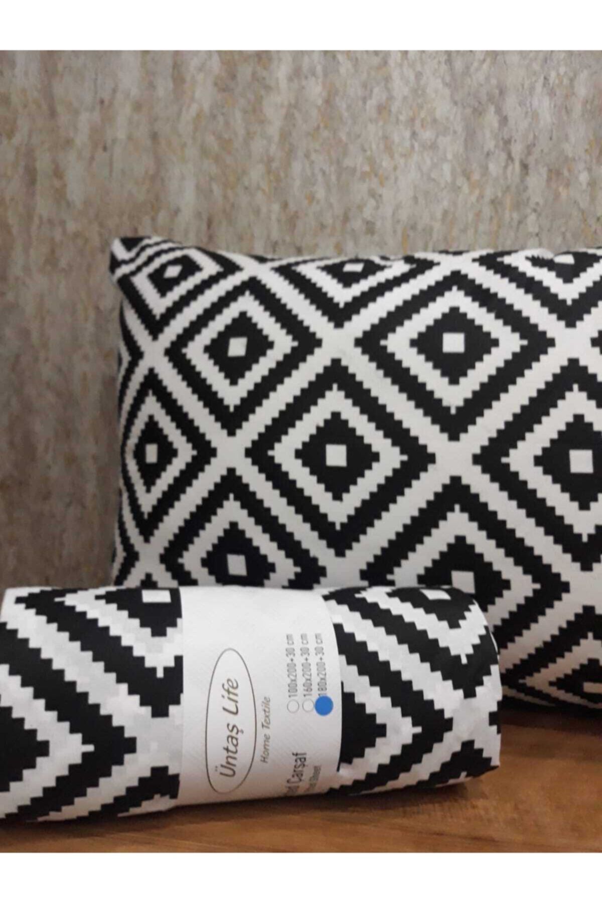üntaş-Single Elastic Sheet +1 Pillow Case Diagonalblackwhite Ecdia1 2