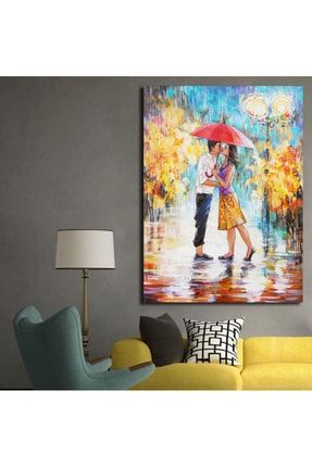 Dekoratif Kanvas Tablo - Yağlı Boya, Bir Şemsiye Altında Öpüşen Bir Çift Sevgili, Sevgililer Günü R52286