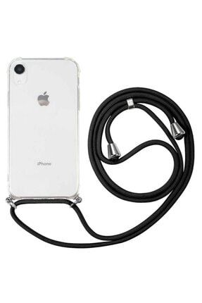 Apple Iphone X Ve Xs Uyumlu Boyundan Askılı Şeffaf Darbe Emici Silikon Telefon Kılıfı Siyah Ipli xaskılıkılıf