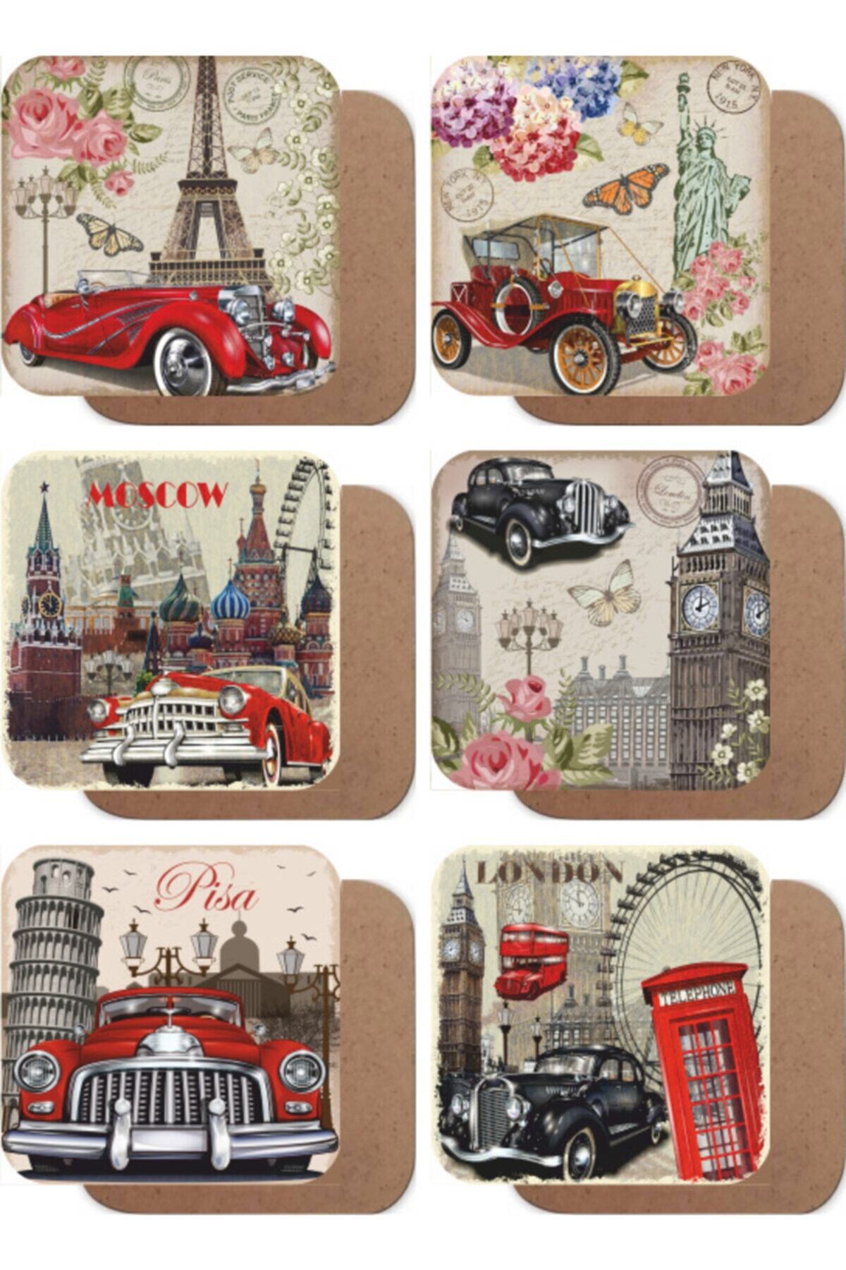 Paris Rome London Moscow New York Classic Cars 6-Piece Wood Coaster Set