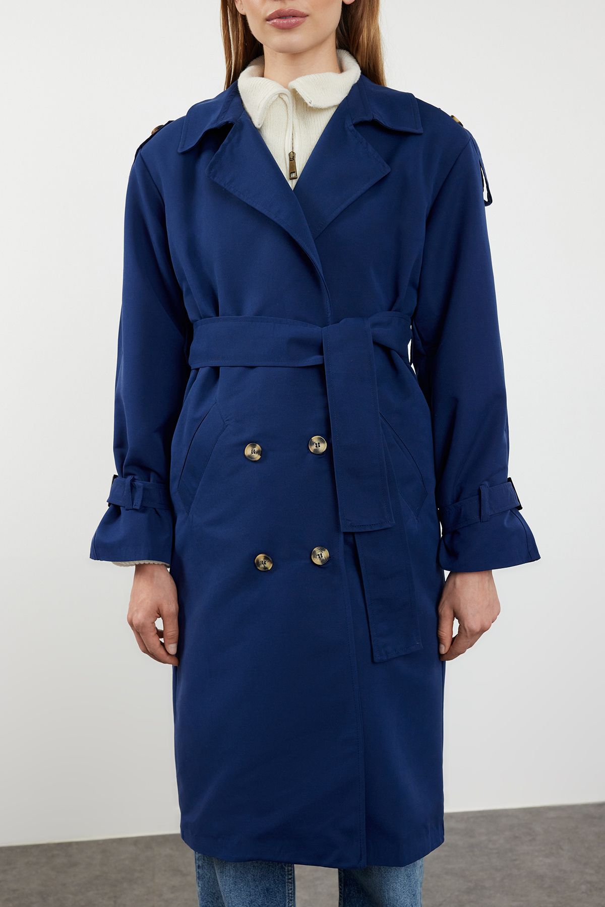 Trendyol Collection-Ciemnogranatowy oversize'owy trencz z paskiem Twoss21Tr0005 3