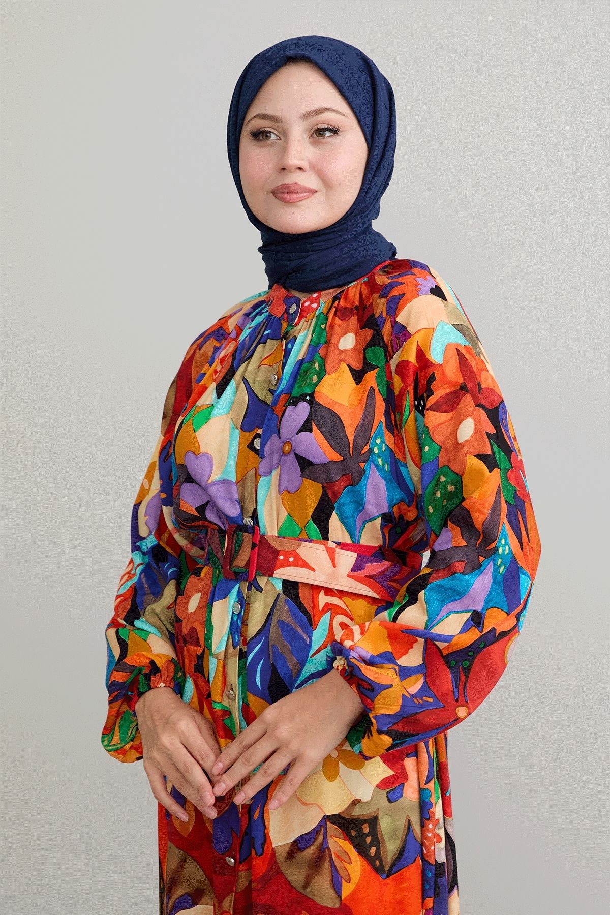 InStyle-Rochie din viscoză portocalie florală cu curea 2