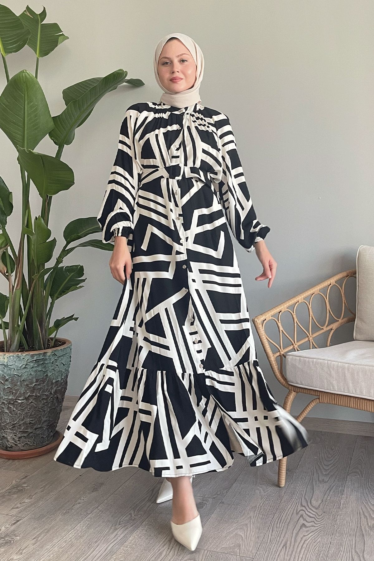 InStyle-Black Viscose Dress - Stripe and Belt Detail 5