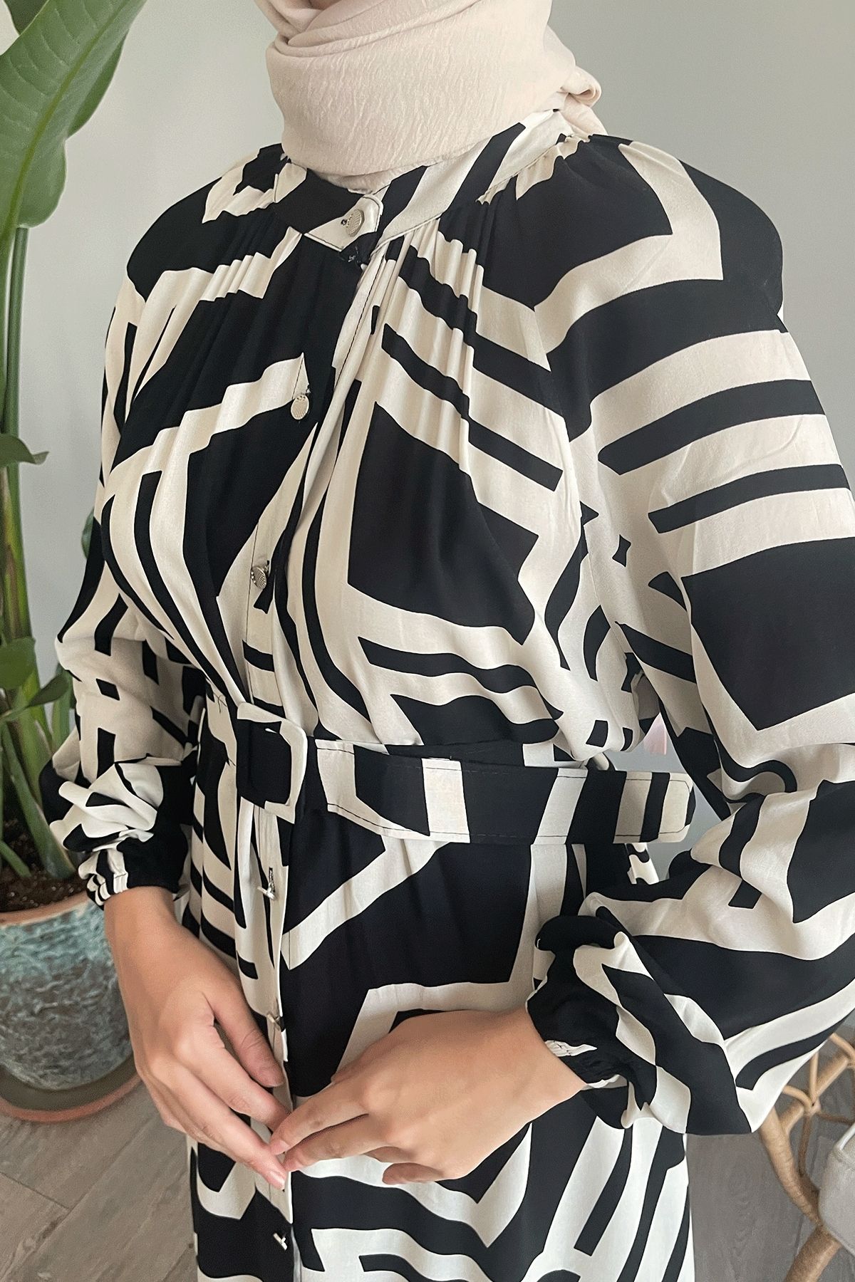 InStyle-Black Viscose Dress - Stripe and Belt Detail 3