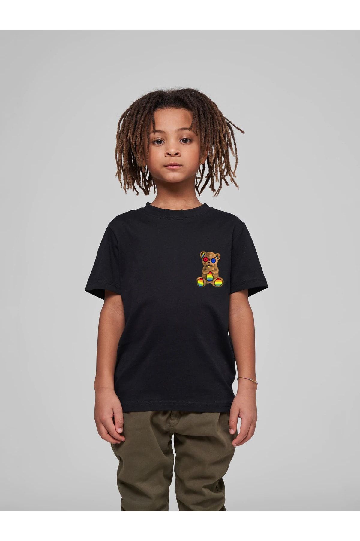 VASK Çocuk Oversize Unisex Renkli Ayıcık Pamuklu Bisiklet Yaka Tişört fotoğrafı 2 (önizleme)