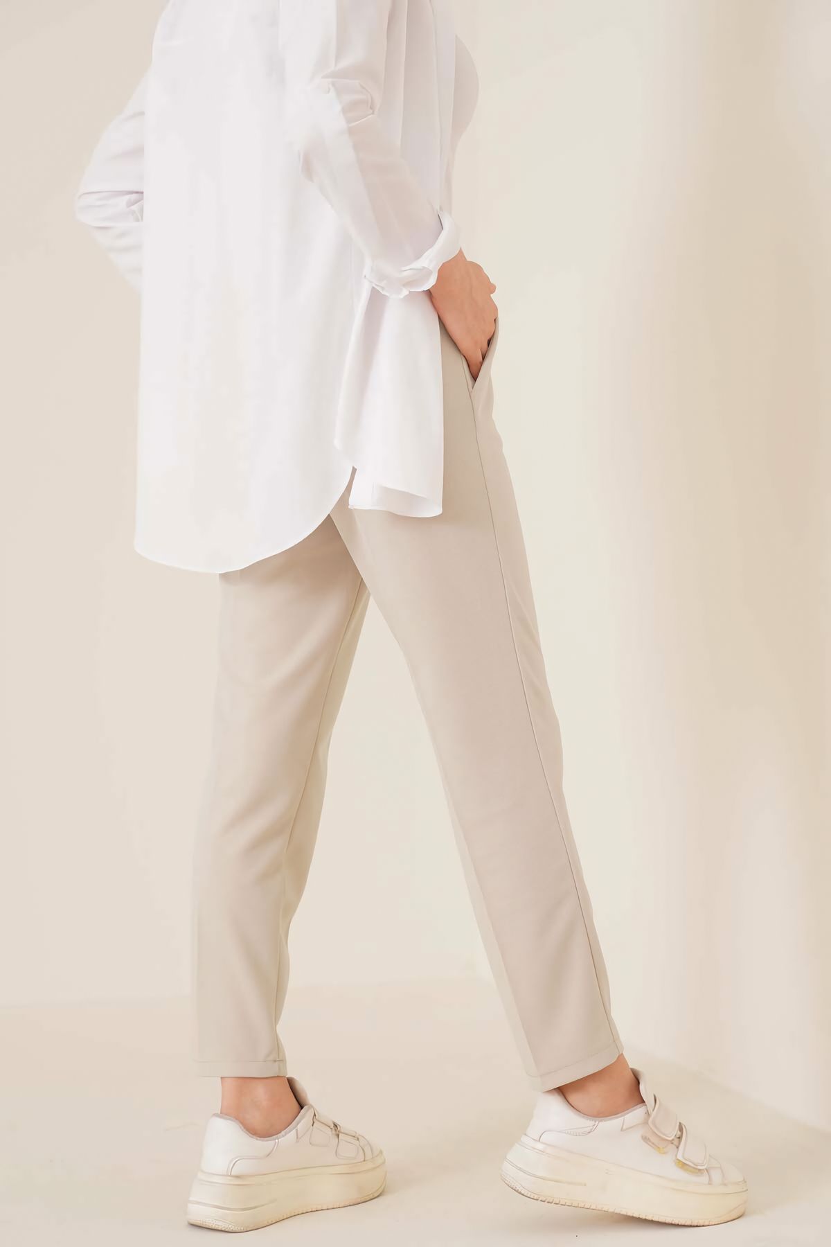 benguen-Stone Color 6624 Model Ankle Pants - Rope Detail and Elastic Waist 3