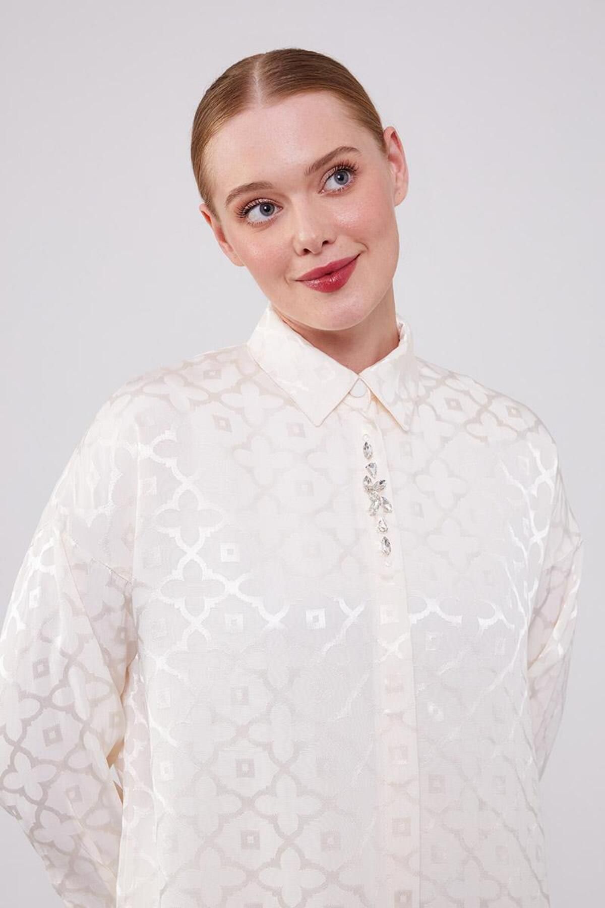 Levidor-Jacquard Ecru Floral Patterned Double Set 5