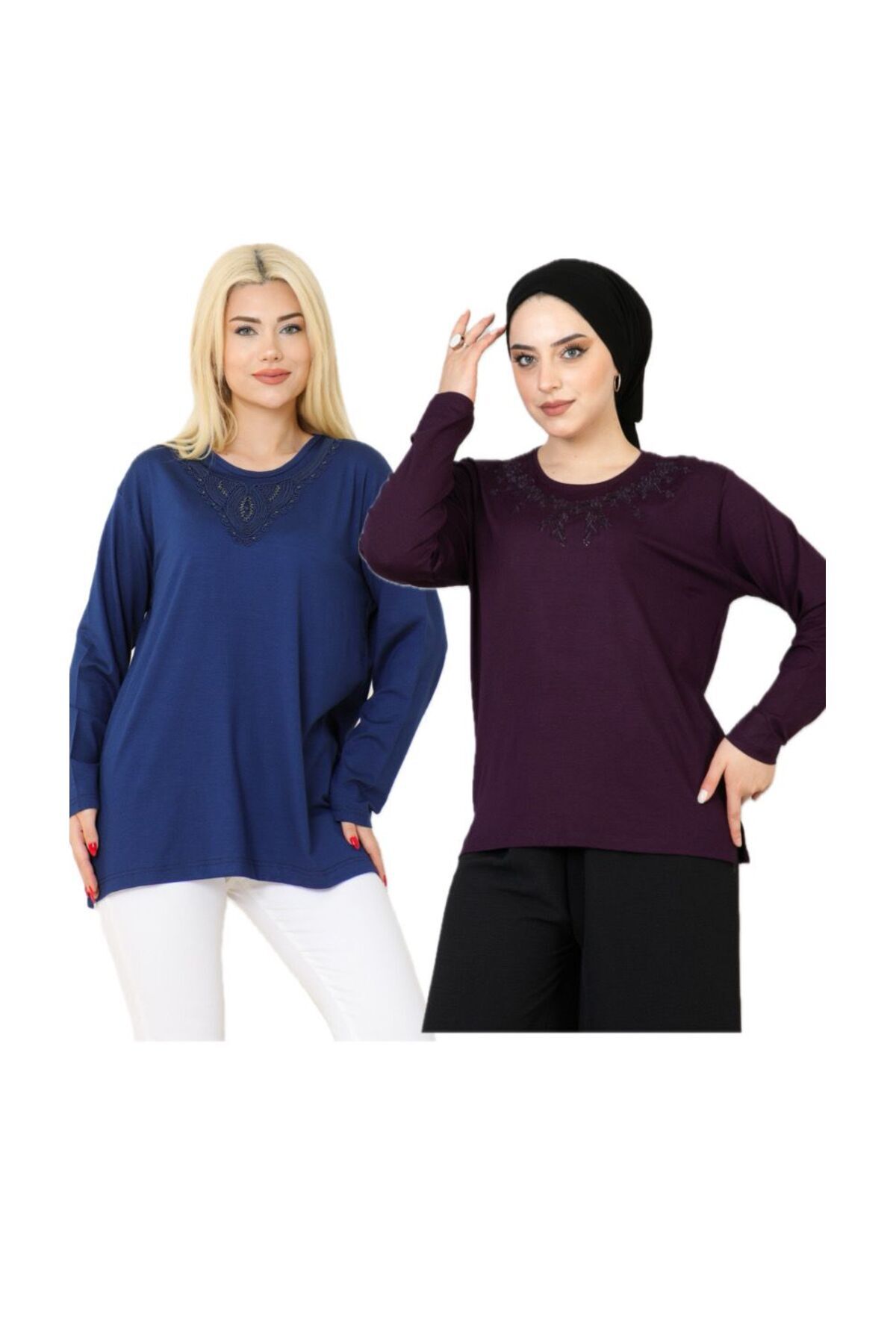 FEMALE MOTHER COMBED COTTON 2pcs Lycra Long Sleeve Patterned Mother Combed Cotton Blouse Mother's Day Special Day (2 PCS)
