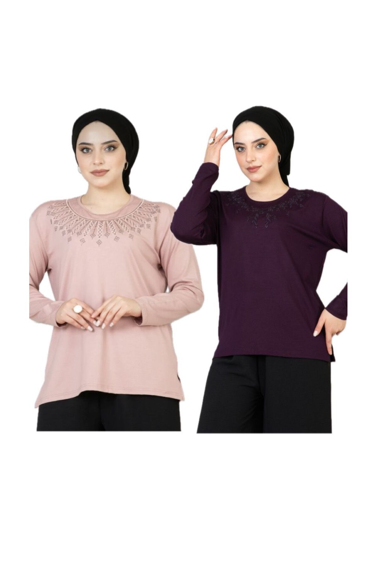 FEMALE MOTHER COMBED COTTON 2pcs Lycra Long Sleeve Patterned Mother Combed Cotton Blouse Mother's Day Special Day (2 PCS)