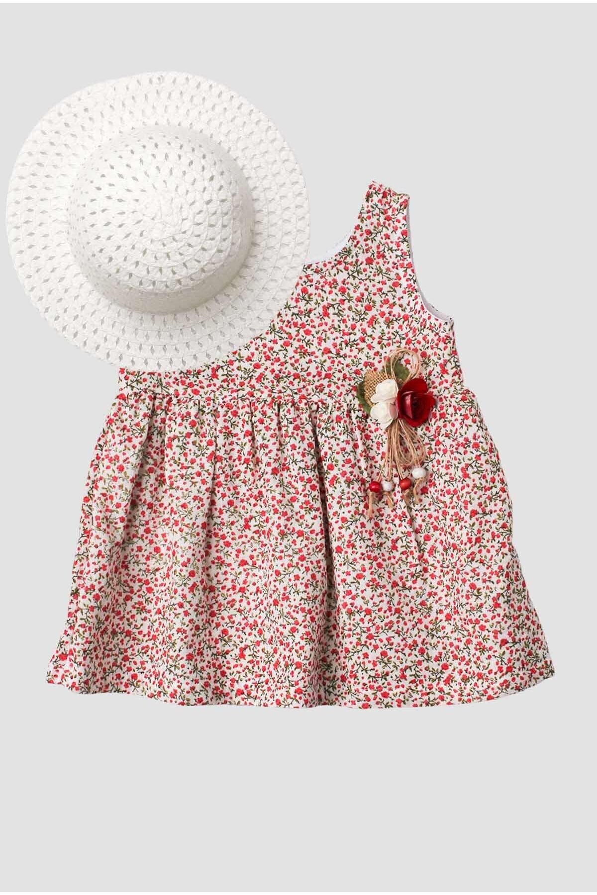 Chicsy Baby Şapkalı Küçük  Çiçek Desenli Kalın Askılı Kız Bebek Elbisesi fotoğrafı 2 (önizleme)