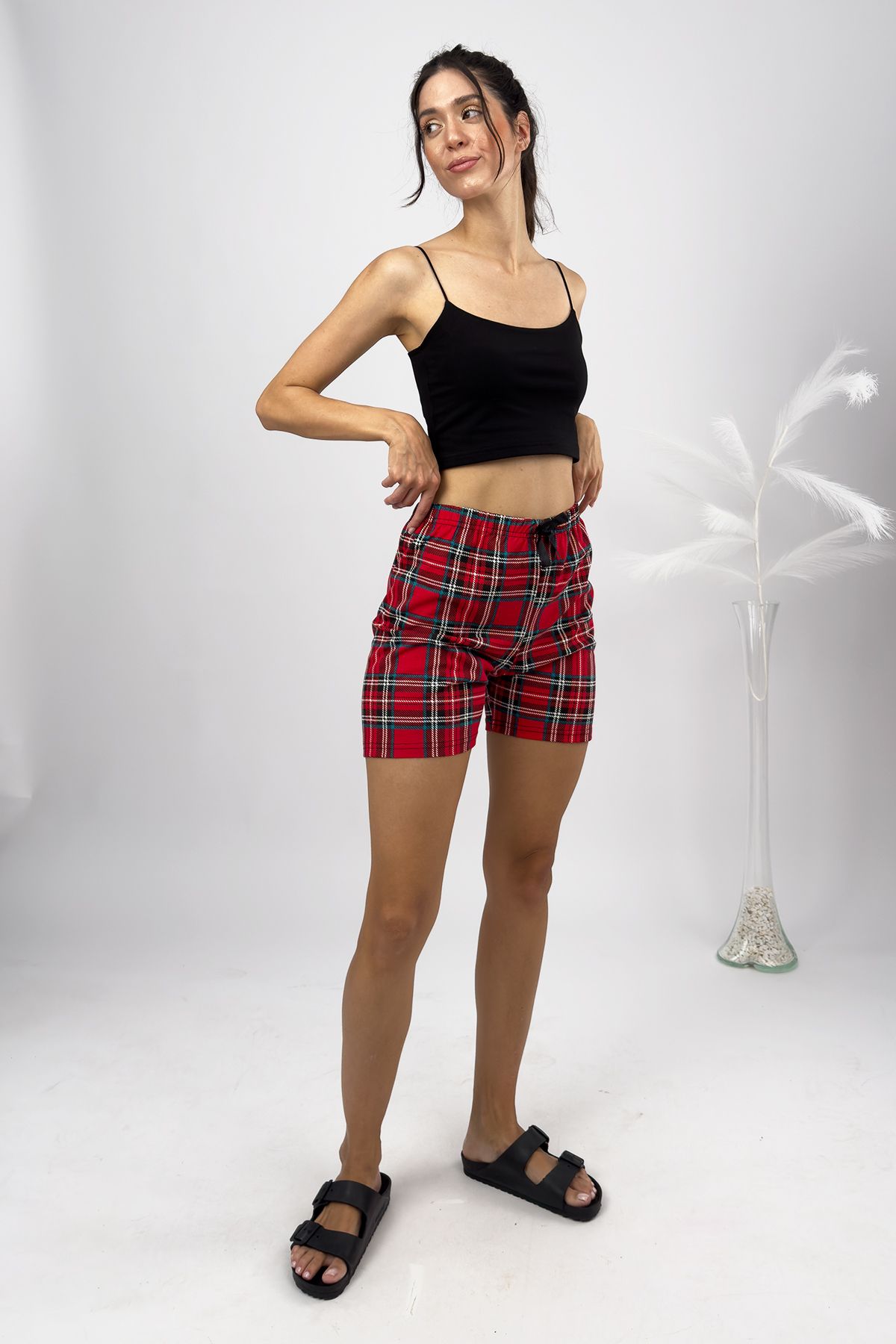 Betimoda-100% bumbac Pantaloni scurți Four Seasons pentru femei cu talie înaltă, roșu verde 6