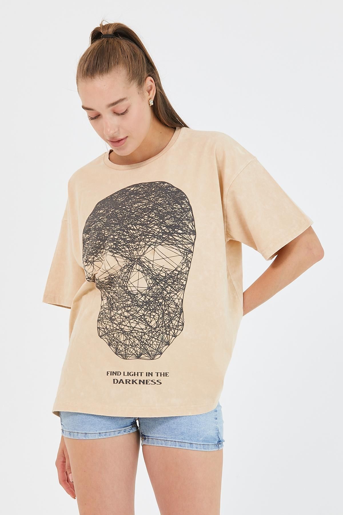 Polo State Tricou De Bază Oversize Pentru Femei De Culoare Bej - Imprimat Cu Vopsea Femeie - XS