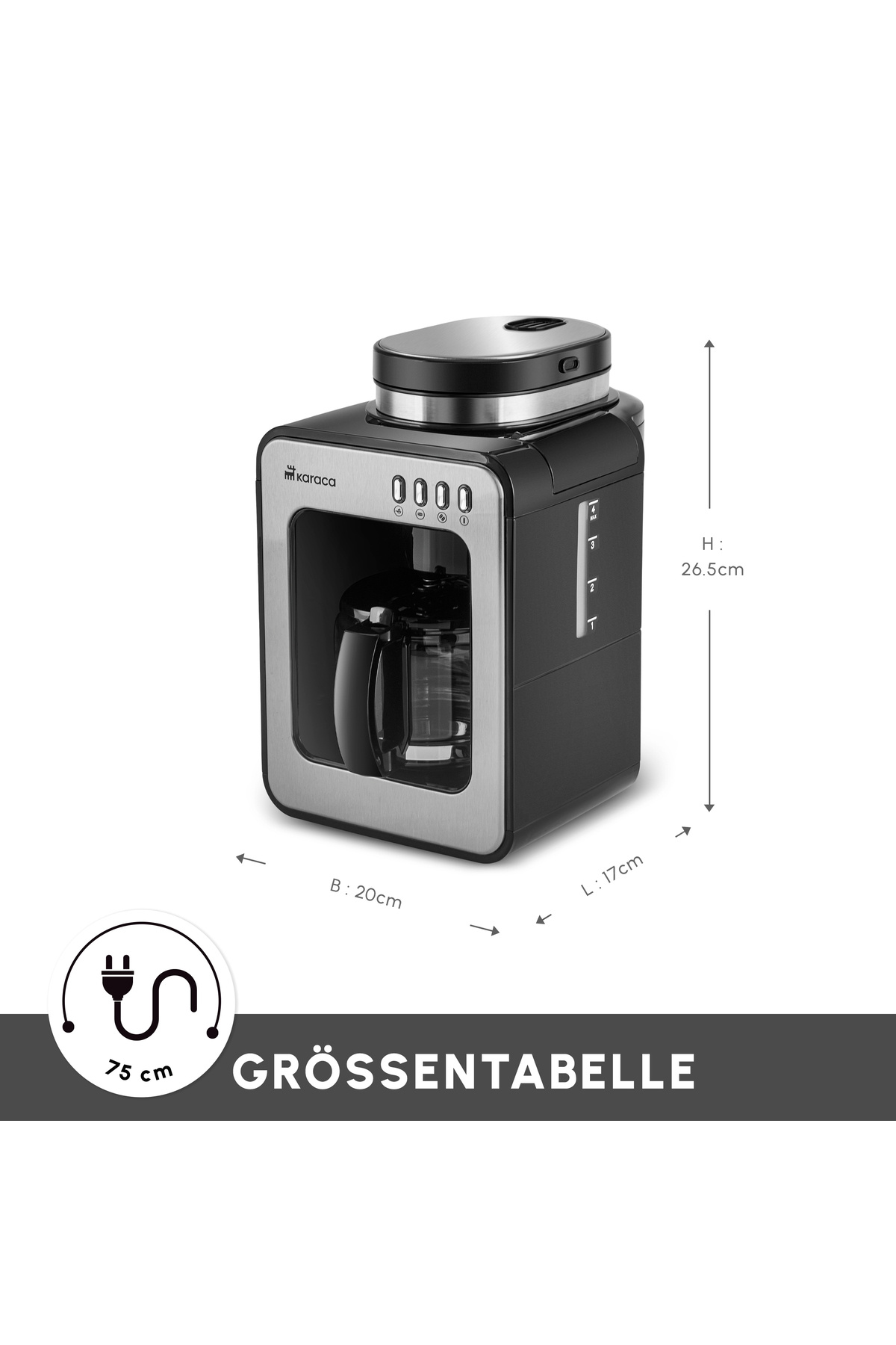 Grindmaestro Filter-Kaffeemaschine mit eingebauter Kaffeemühle, Inox