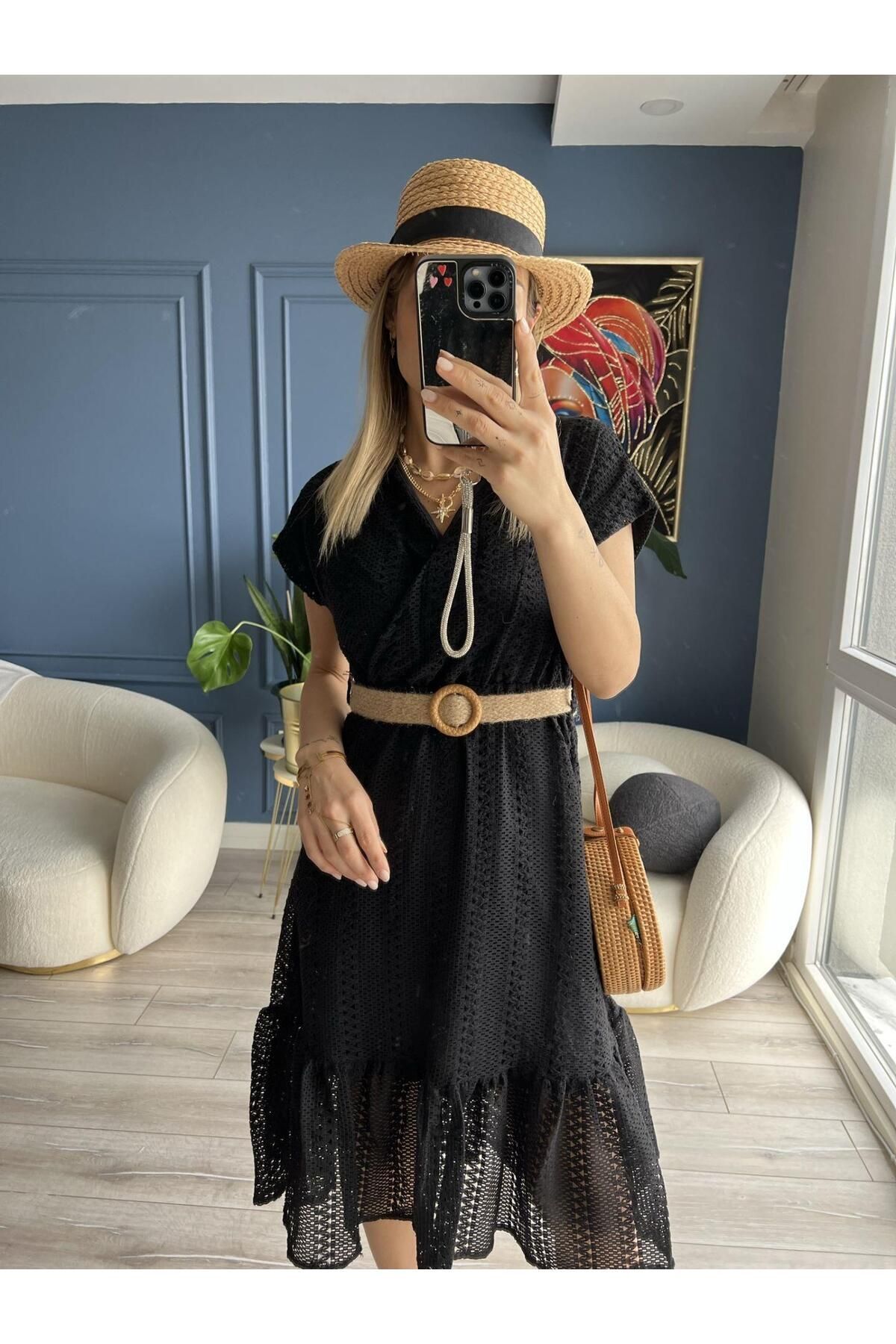 D K Pick Up Black Lace Detailed Straw Belt Dress Trendyol