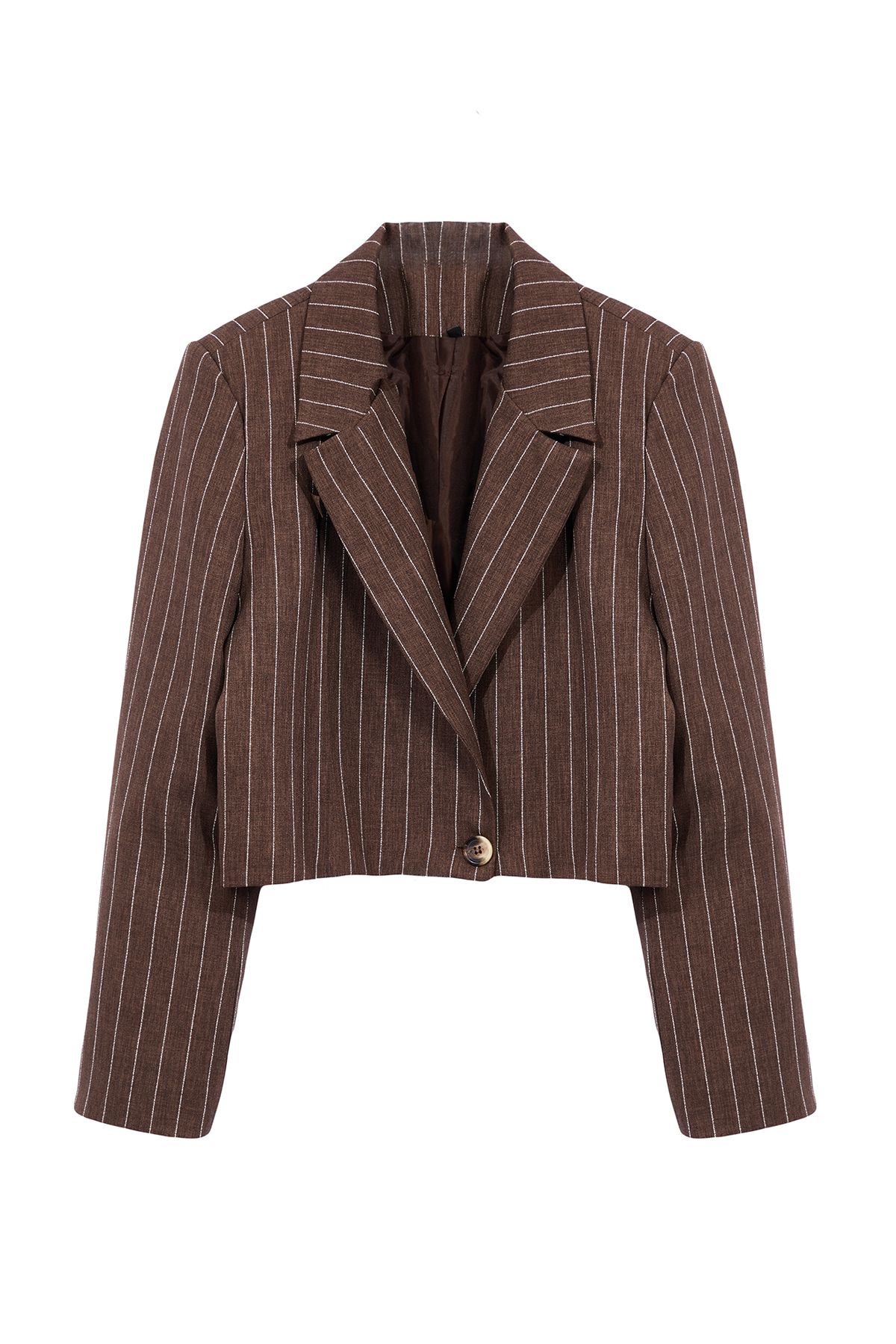 Trendyol Collection-Barna csíkos Regular Crop blézerkabát - TWOSS23BC00029 6