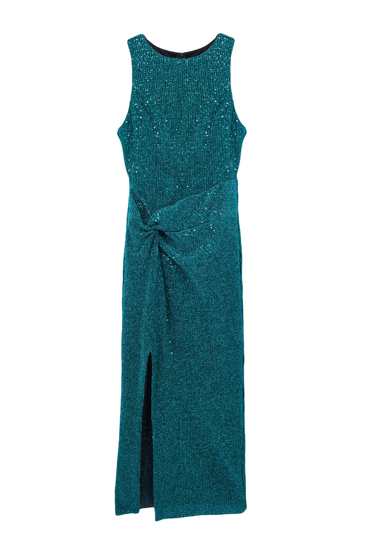Trendyol Collection-Smaragdgrünes, figurbetontes, gestricktes, glitzerndes, paillettenbesetztes, schickes langes Abendkleid TPRSS24EL00030 6