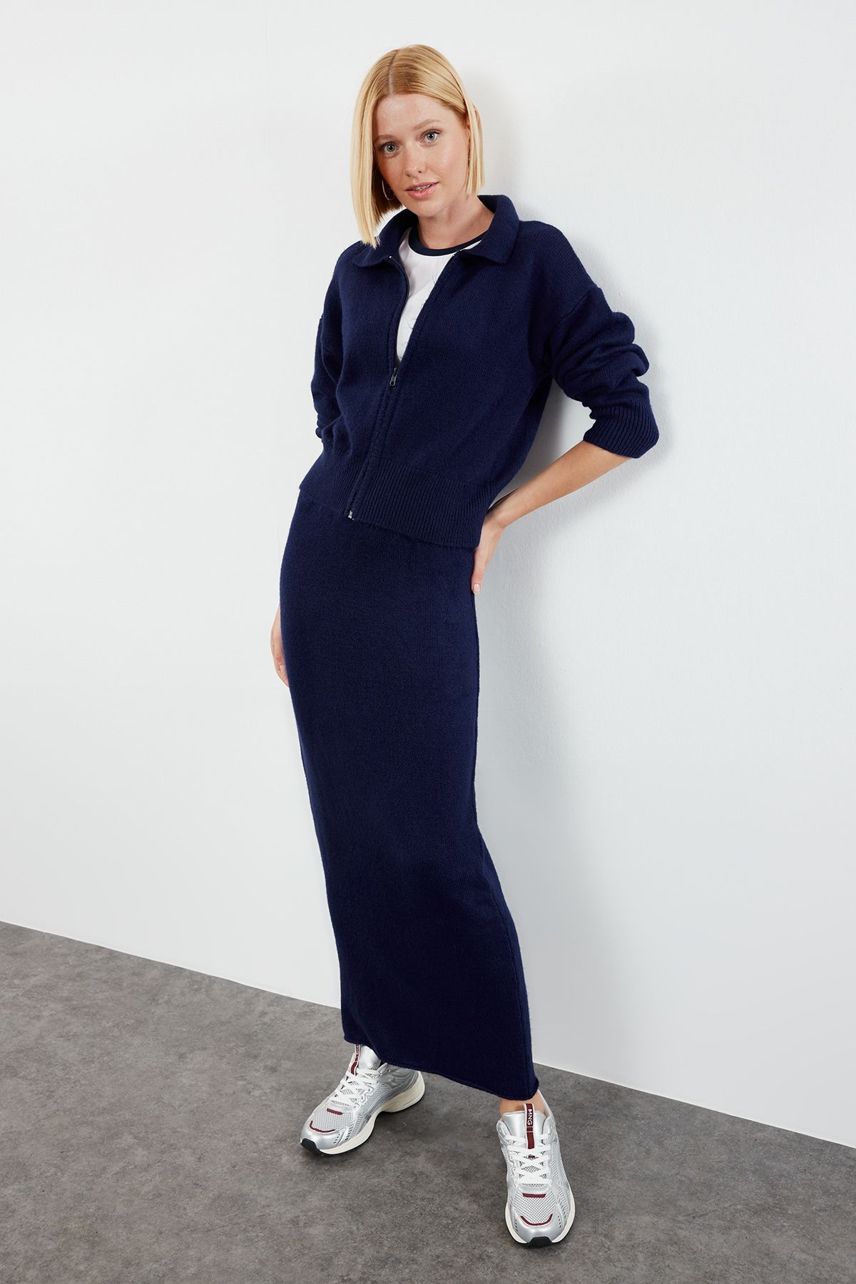 Trendyol Collection-Navy Blue Soft Textured Zippered Knitwear Suit - Twoaw25Au00036 2