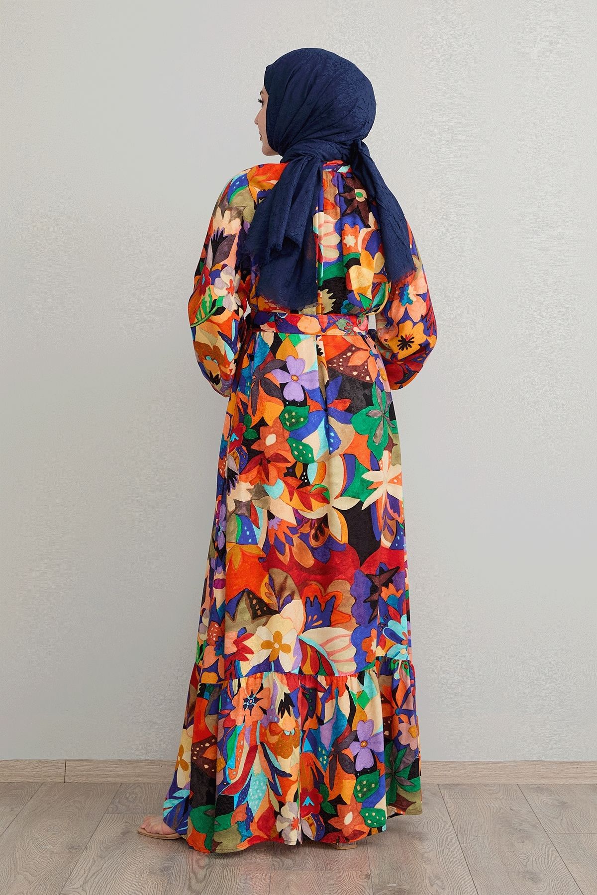 InStyle-Rochie din viscoză portocalie florală cu curea 5