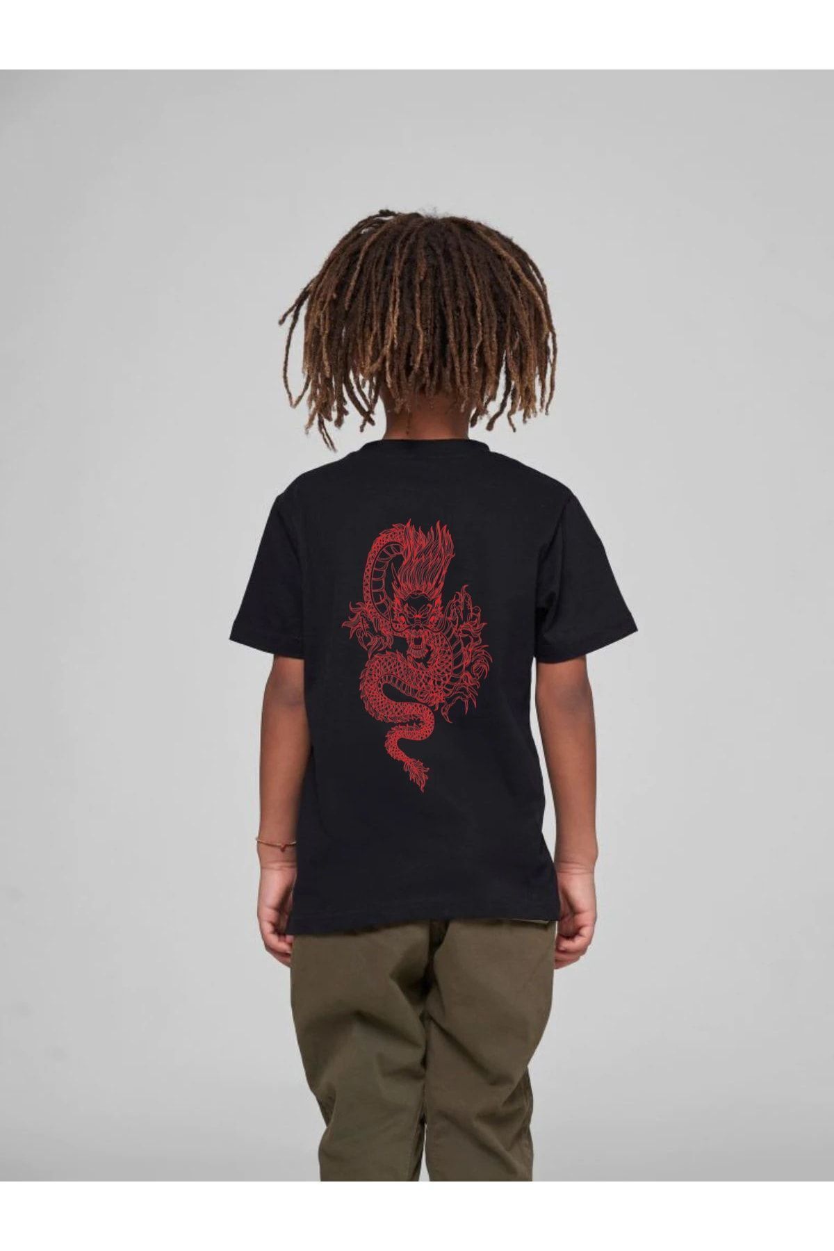 VASK Çocuk Oversize Unisex Dragon Pamuklu Bisiklet Yaka   T-Shirt fotoğrafı 2 (önizleme)