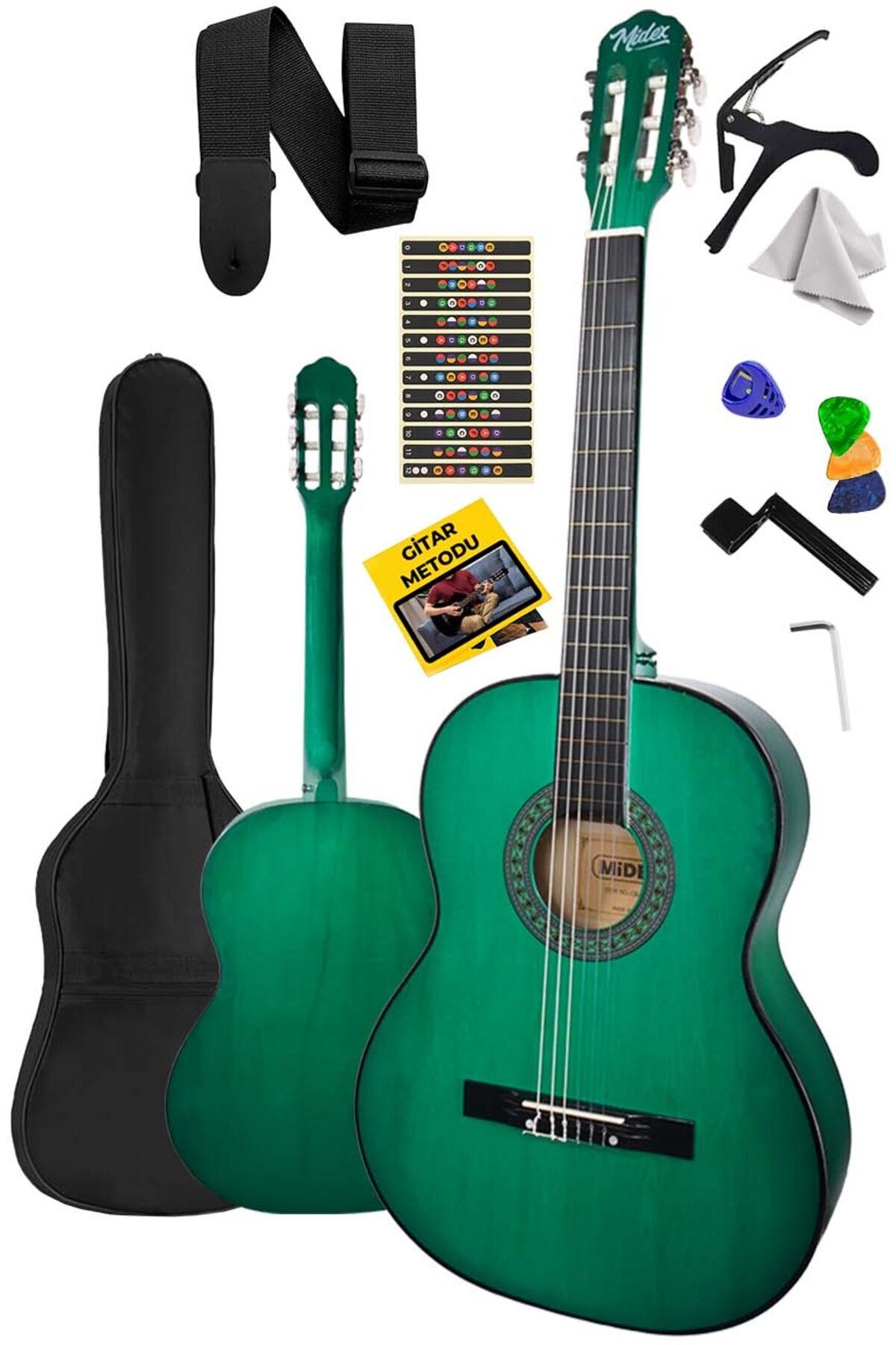 Midex Cg-270gr Yeşil Renk Klasik Gitar 4/4 Yetişkin Boy Sap Ayarlı Full Set