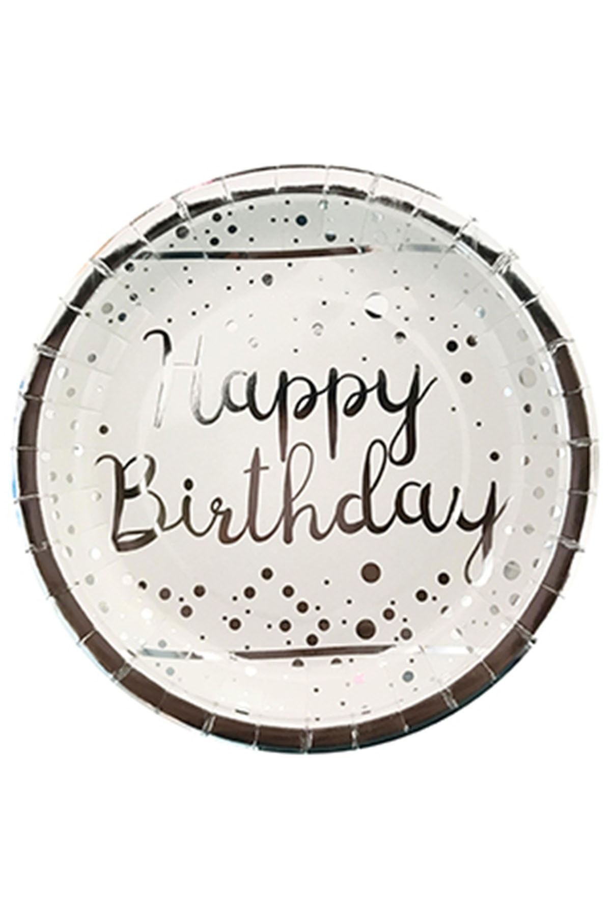 Partijet Gümüş Happy Birthday Baskılı Beyaz Karton Tabak 23 Cm 8'li