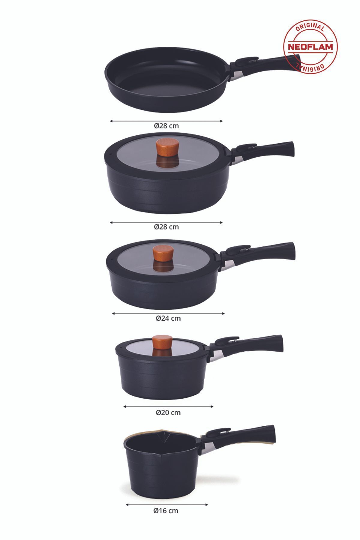 NEOFLAM-Midas Black 12 Piece (With Spare Handle) Nesting Induction Pot and Pan Set with Detachable Handle 3