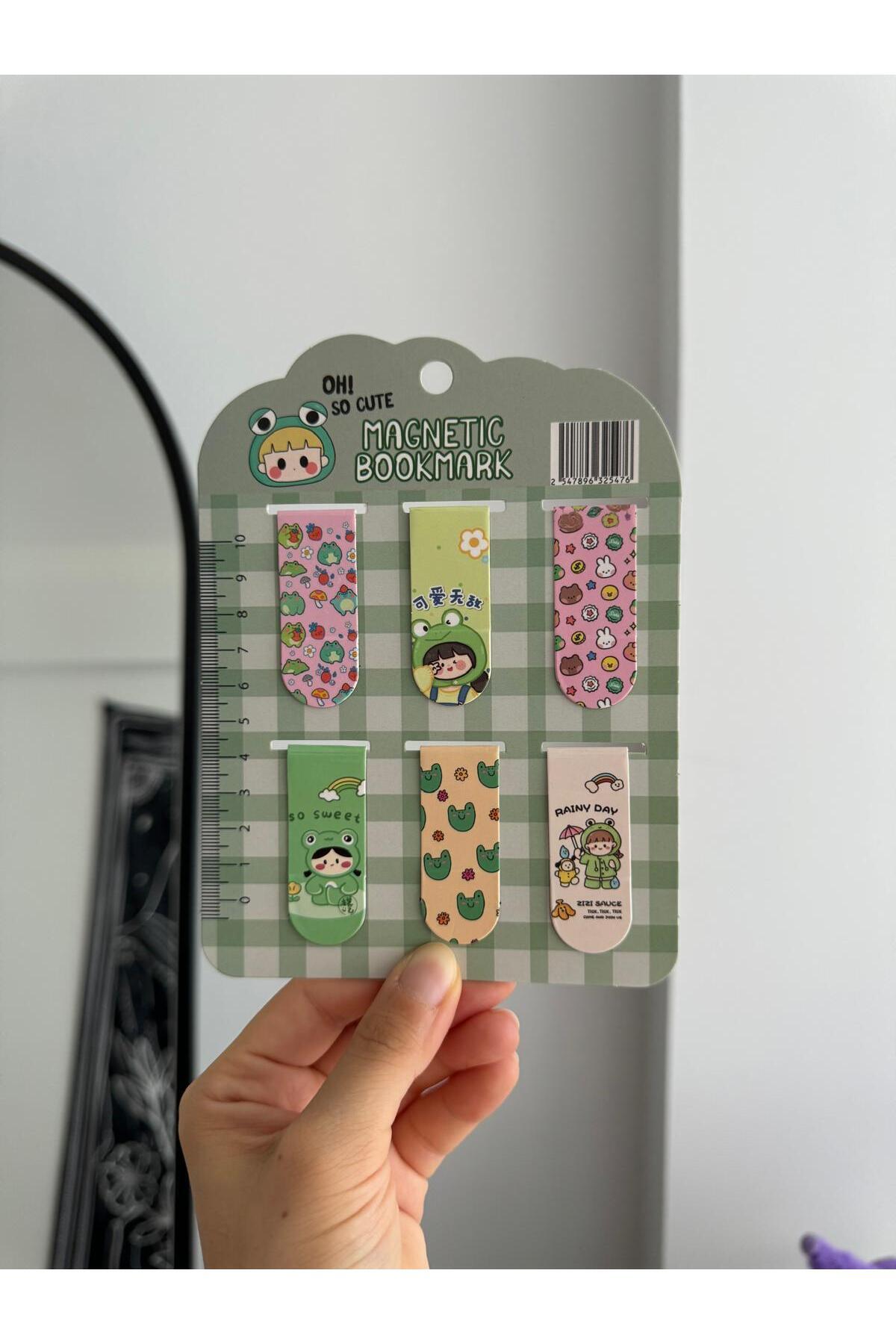 Genel Markalar Kawaii Frog Magnetic Keroppi Kurbağa Mıknatıslı Cetve Ataç Magnetic Kitap Ayracı 6lı Set Hediye