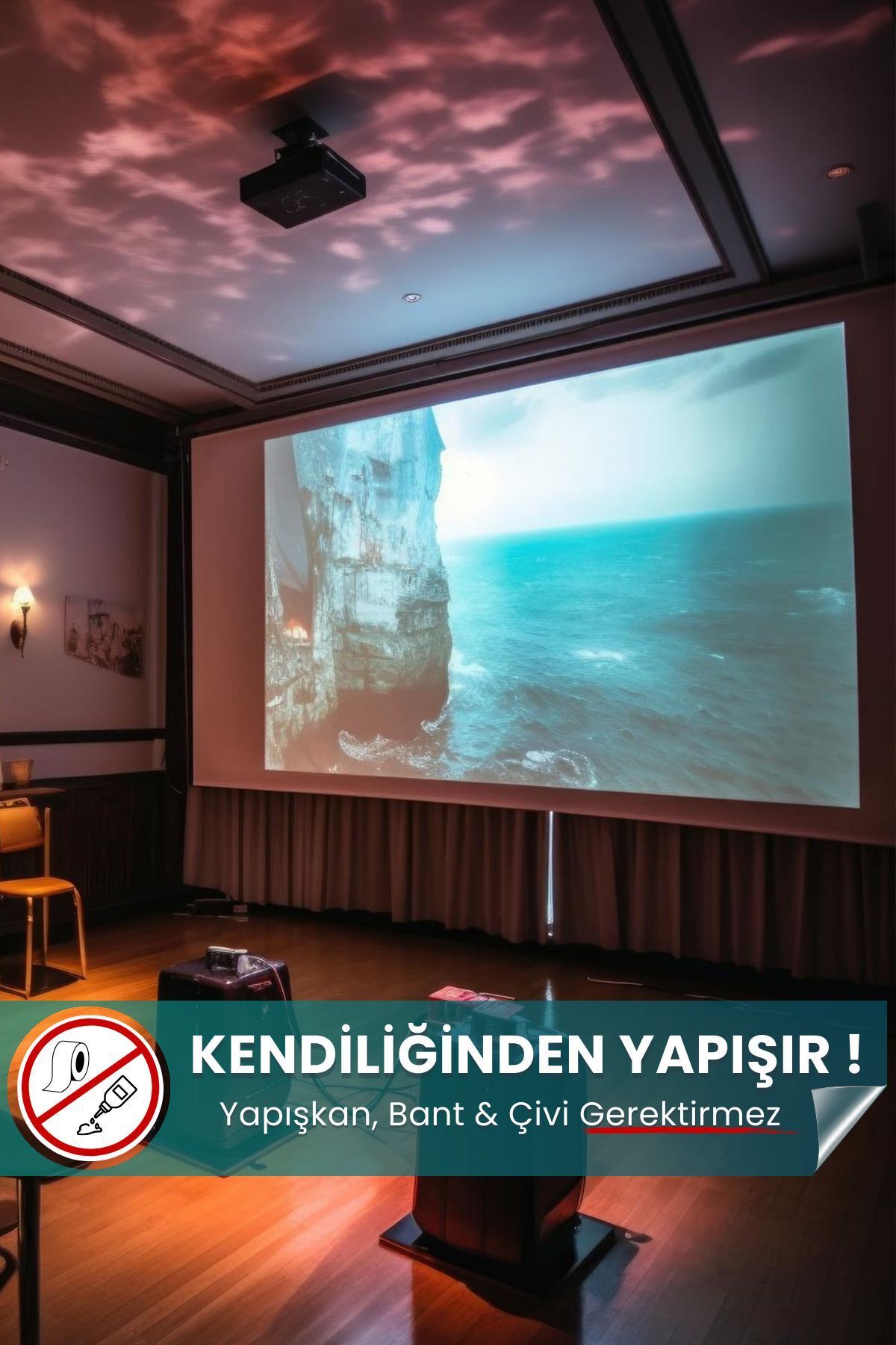 Genel Markalar Projeksiyon Perdesi, Özel Boyut, Ev Sineması, Yapıştırıcı Gerektirmeyen, Duvar Projeksiyon Perdesi