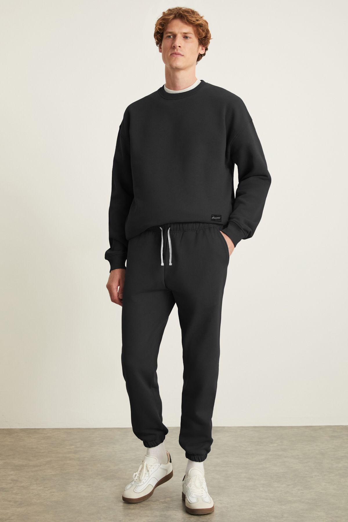 GRIMELANGE-Ei̇tan Men's 3 Thread Raised Regular Fit Round Collar Elastic Leg Black Tracksuit Set 2