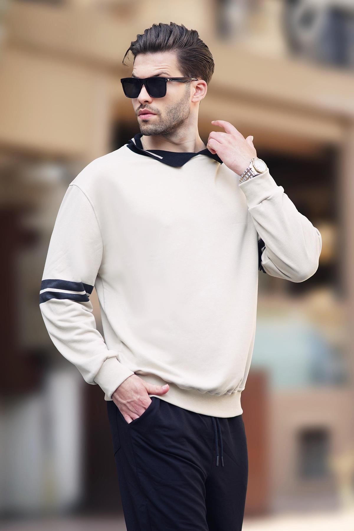 سویشرت مردانه راه راه یقه پولو بژ 7048 Madmext