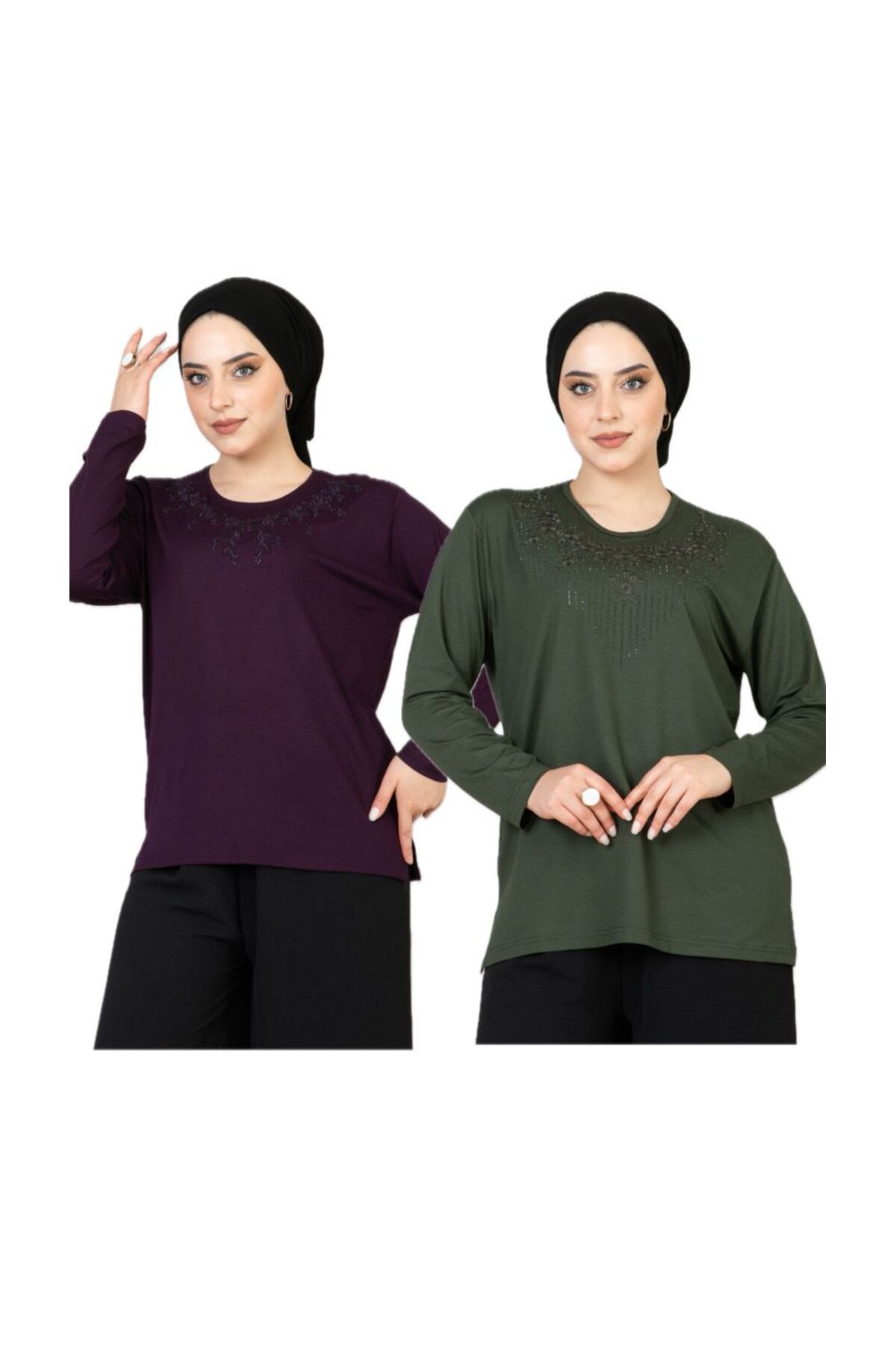 FEMALE MOTHER COMBED COTTON 2pcs Lycra Long Sleeve Patterned Mother Combed Cotton Blouse Mother's Day Special Day (2 PCS)
