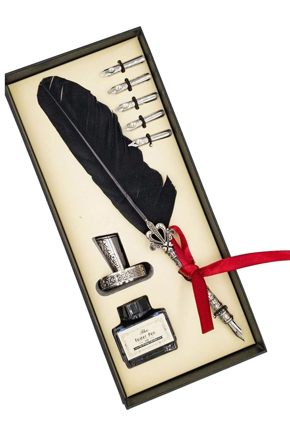 Gülay AVM Öğretmenler Günü Hediyelik Kutulu Kuş Tüyü Dolma Kalem Divit Kalem Mürekkep Hokka Seti Dolma - Siyah