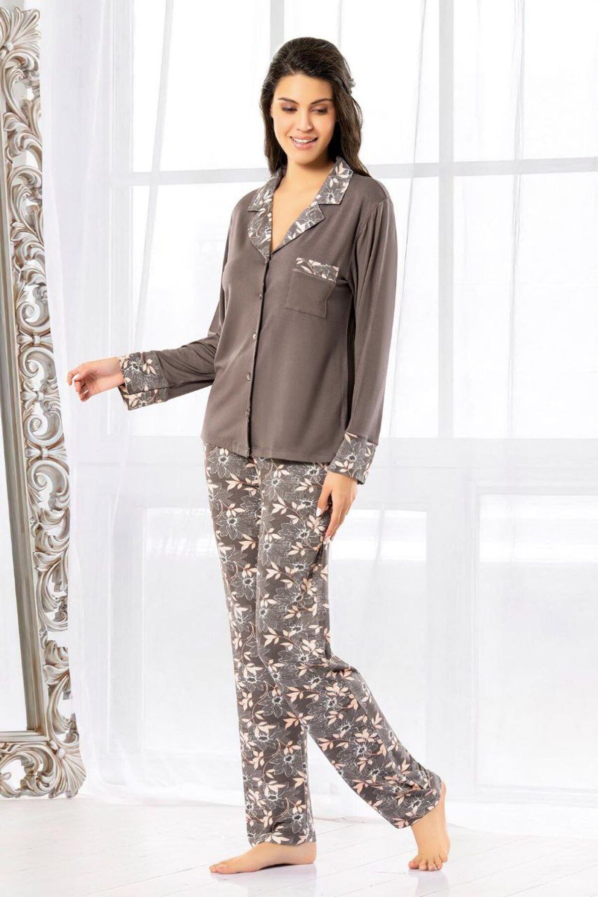 FAAL-Floral Patterned Buttoned Front Pajama Set Gray 8603 3