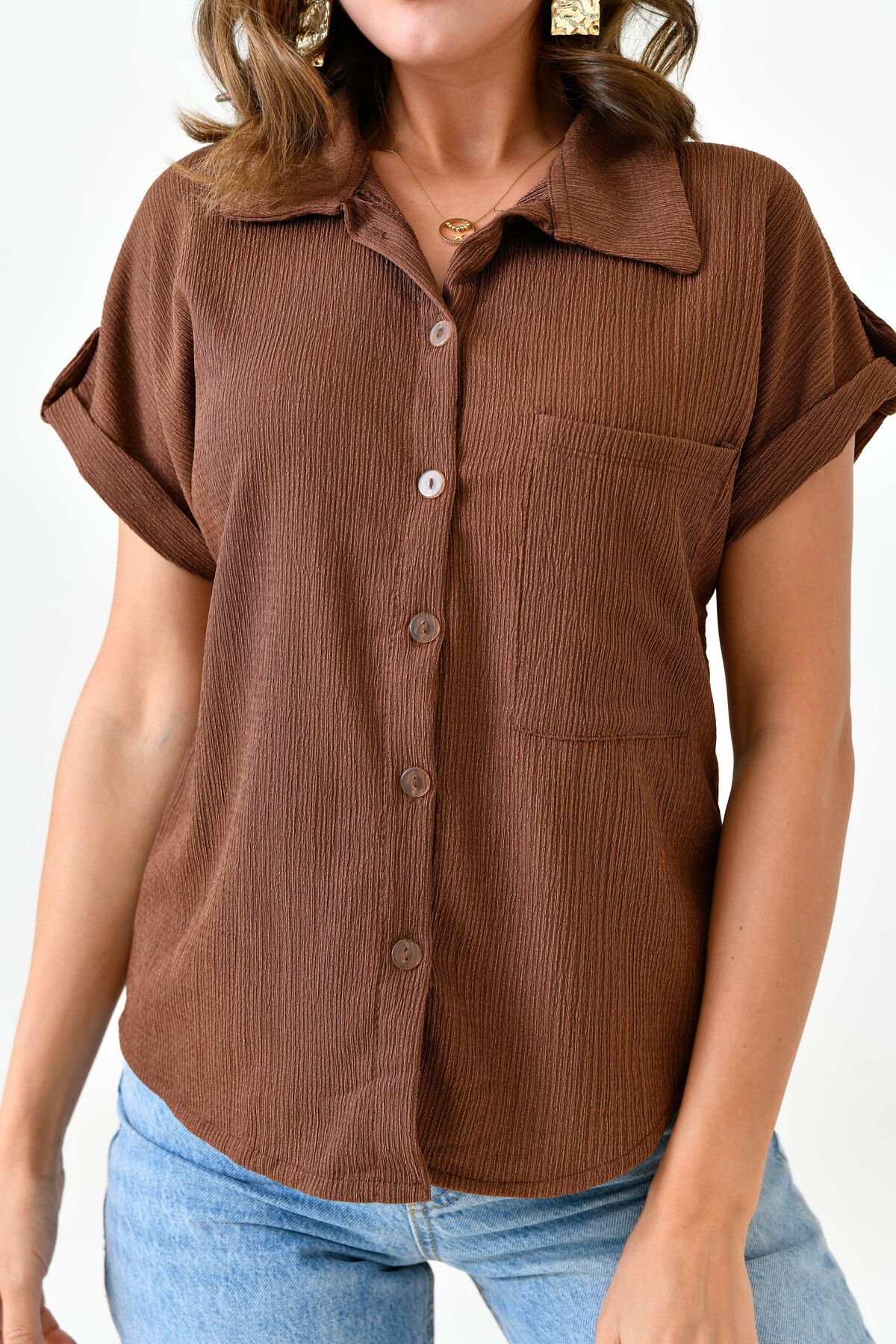 lovebox-White Shirt - Women's Seersucker, Short Sleeve and Pocket Detail 9628 2