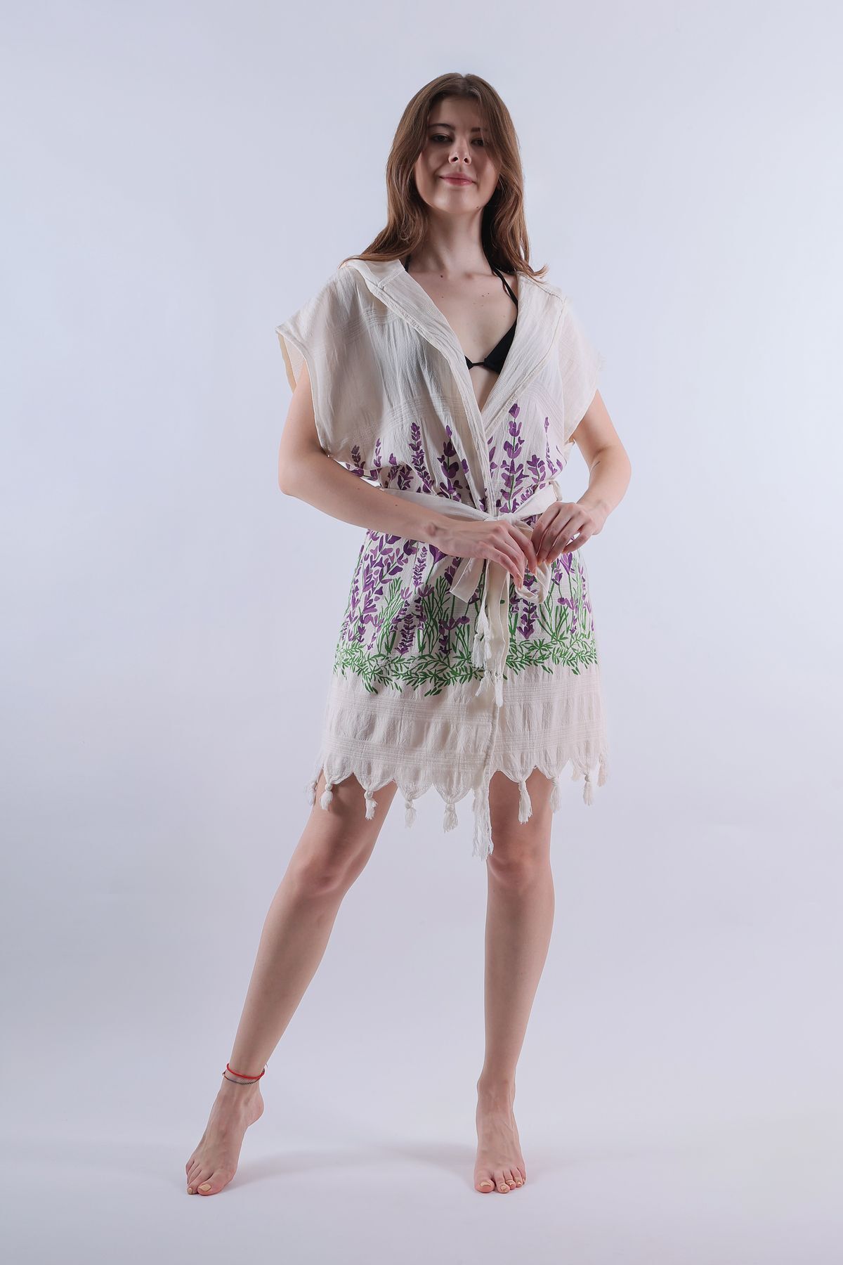 Beachwear with Hooded Pareo Belt Peshtemal Lavender Pattern Beachwear 1 Piece