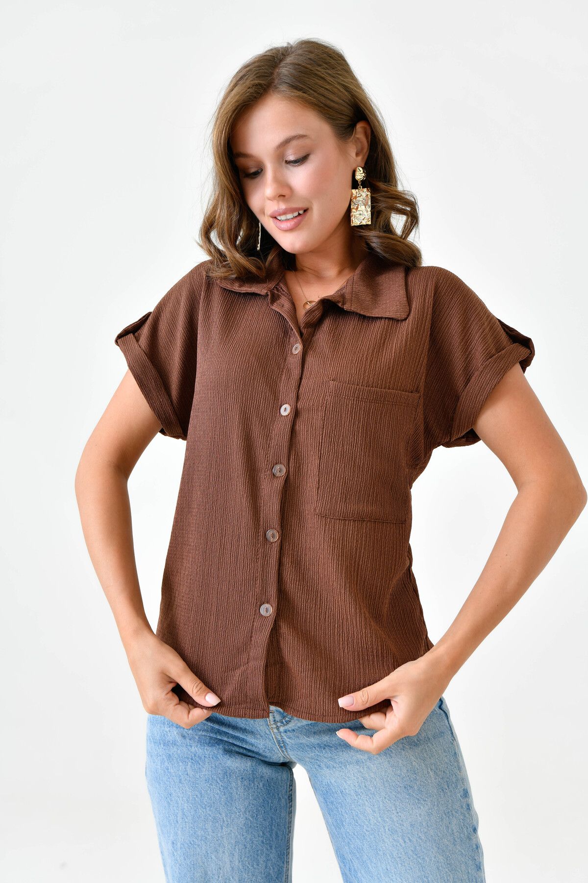 lovebox-White Shirt - Women's Seersucker, Short Sleeve and Pocket Detail 9628 5
