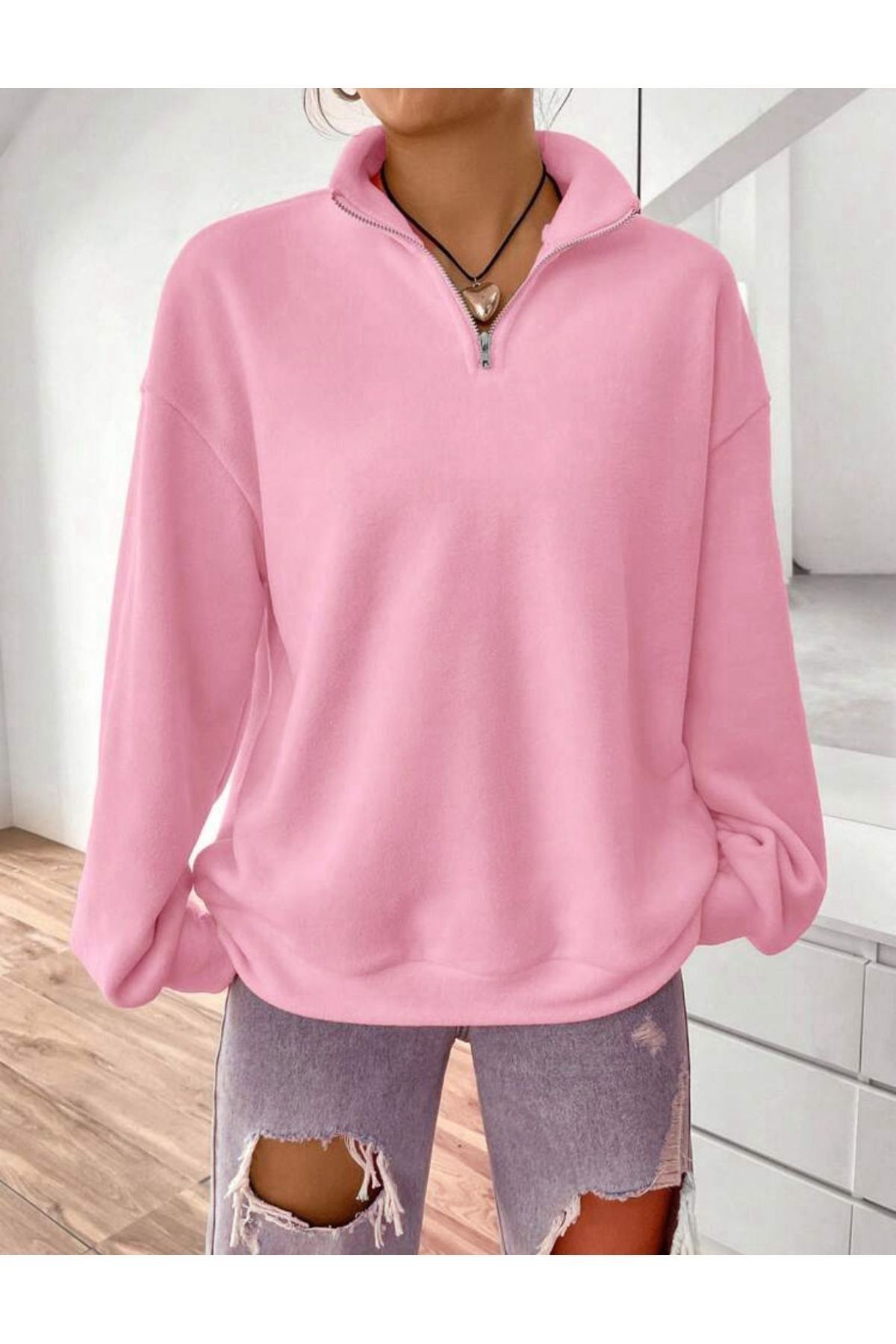 N CE Pink Fleece Unisex Winter Sweatshirt Half Zipper Stand Collar Trendyol
