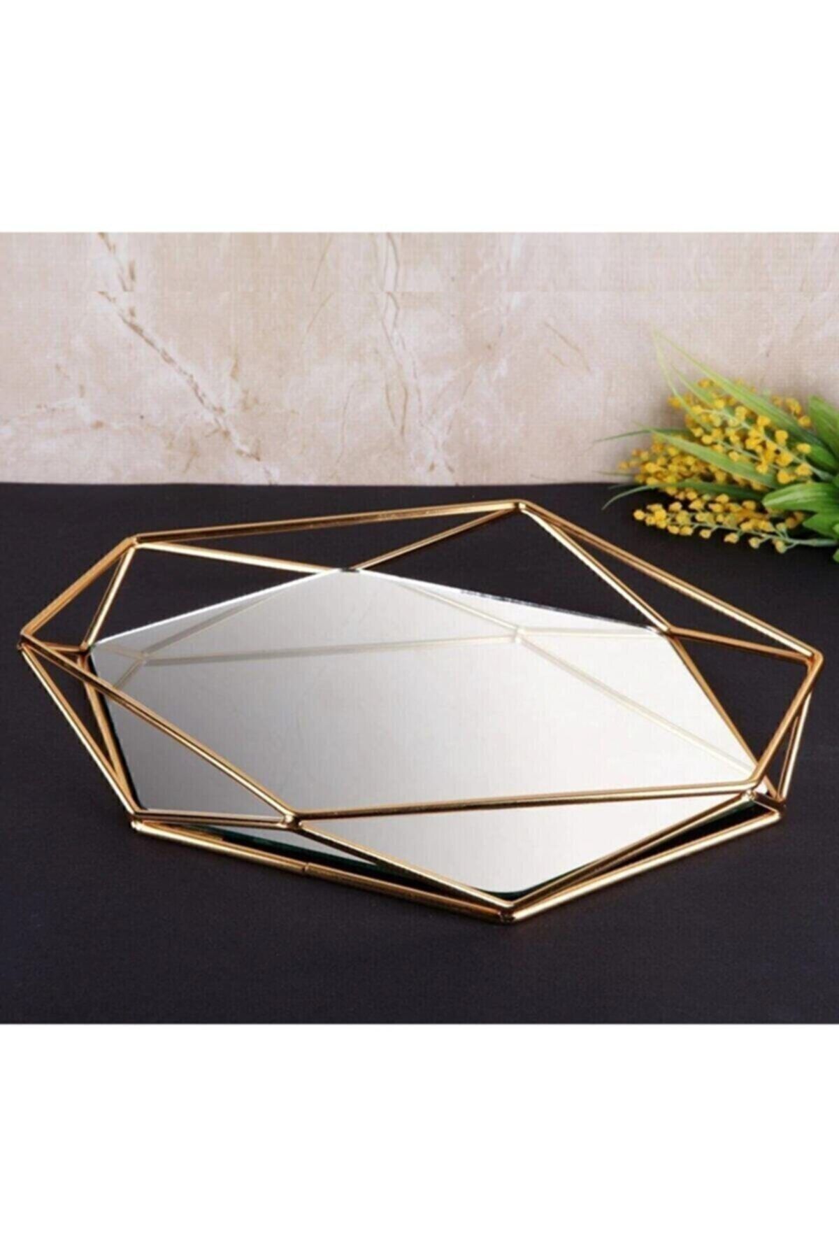 Prizma Aynalı Gold Yüzük Nişan Tepsisi Dekoratif Tepsi 35x30 2