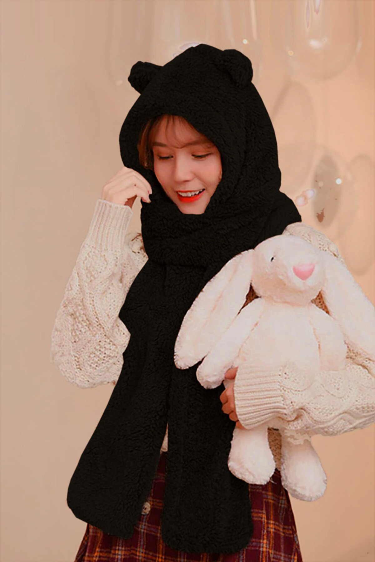 Hooded Plush Beanie Scarf Women's Welsoft Fleece Scarf Neck Collar Shawl Windproof Ear Hat