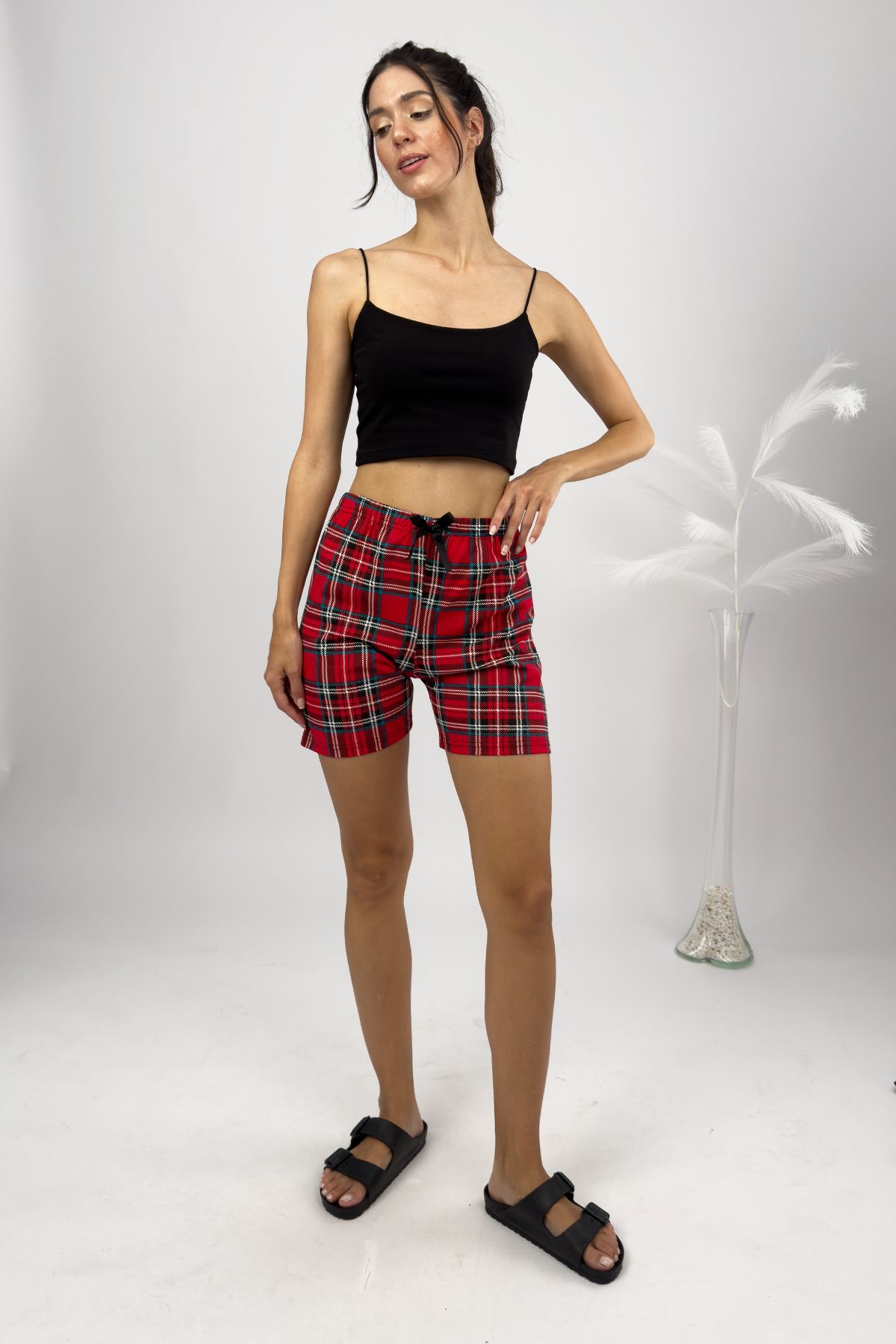 Betimoda-100% bumbac Pantaloni scurți Four Seasons pentru femei cu talie înaltă, roșu verde 5