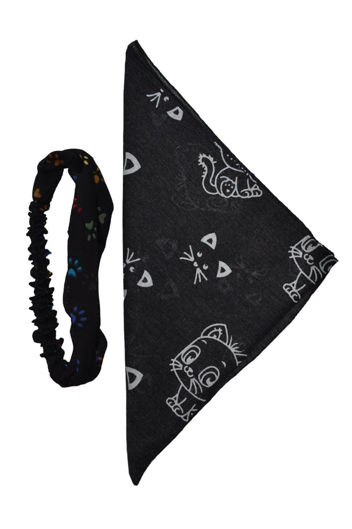Kedi Desenli Kare ve Lastikli Paraşüt Bandana Seti 2 li 3